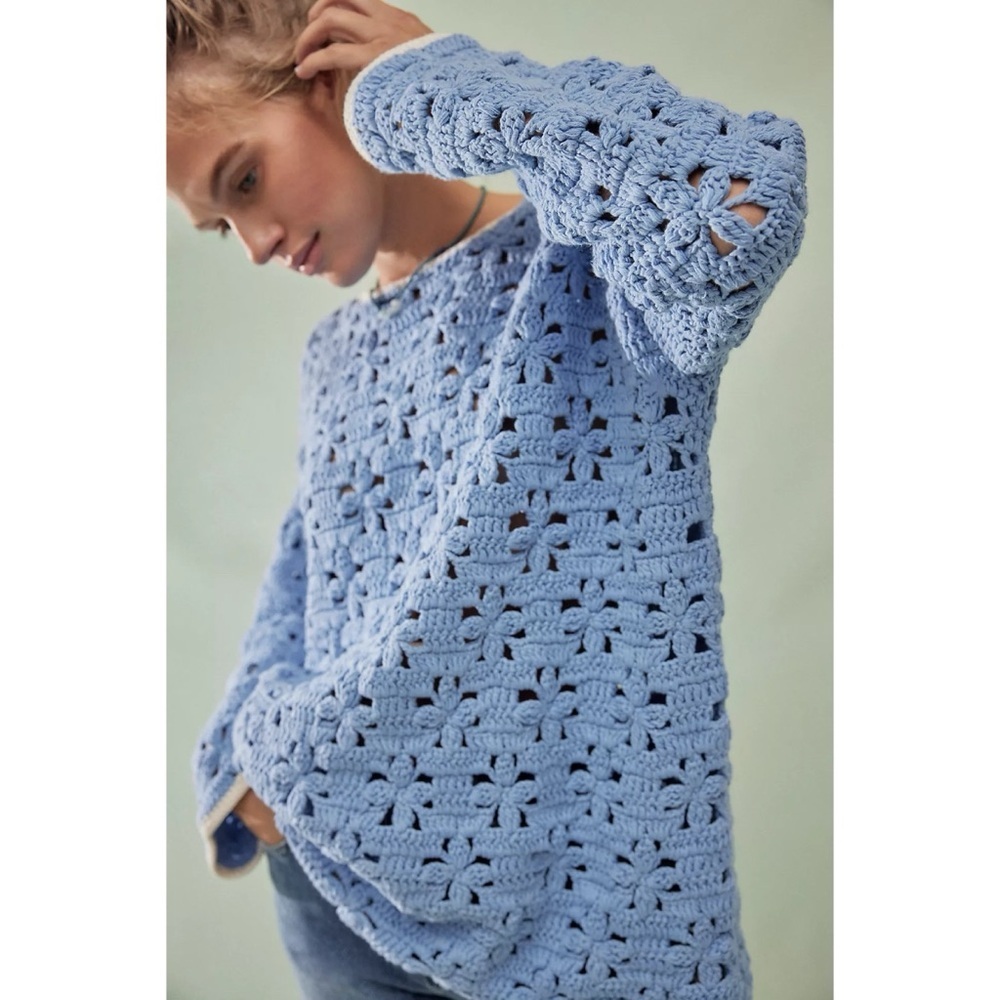 New Free People Crochet Knit Tunic Sweater Blue Floral XS - Picture 8 of 10